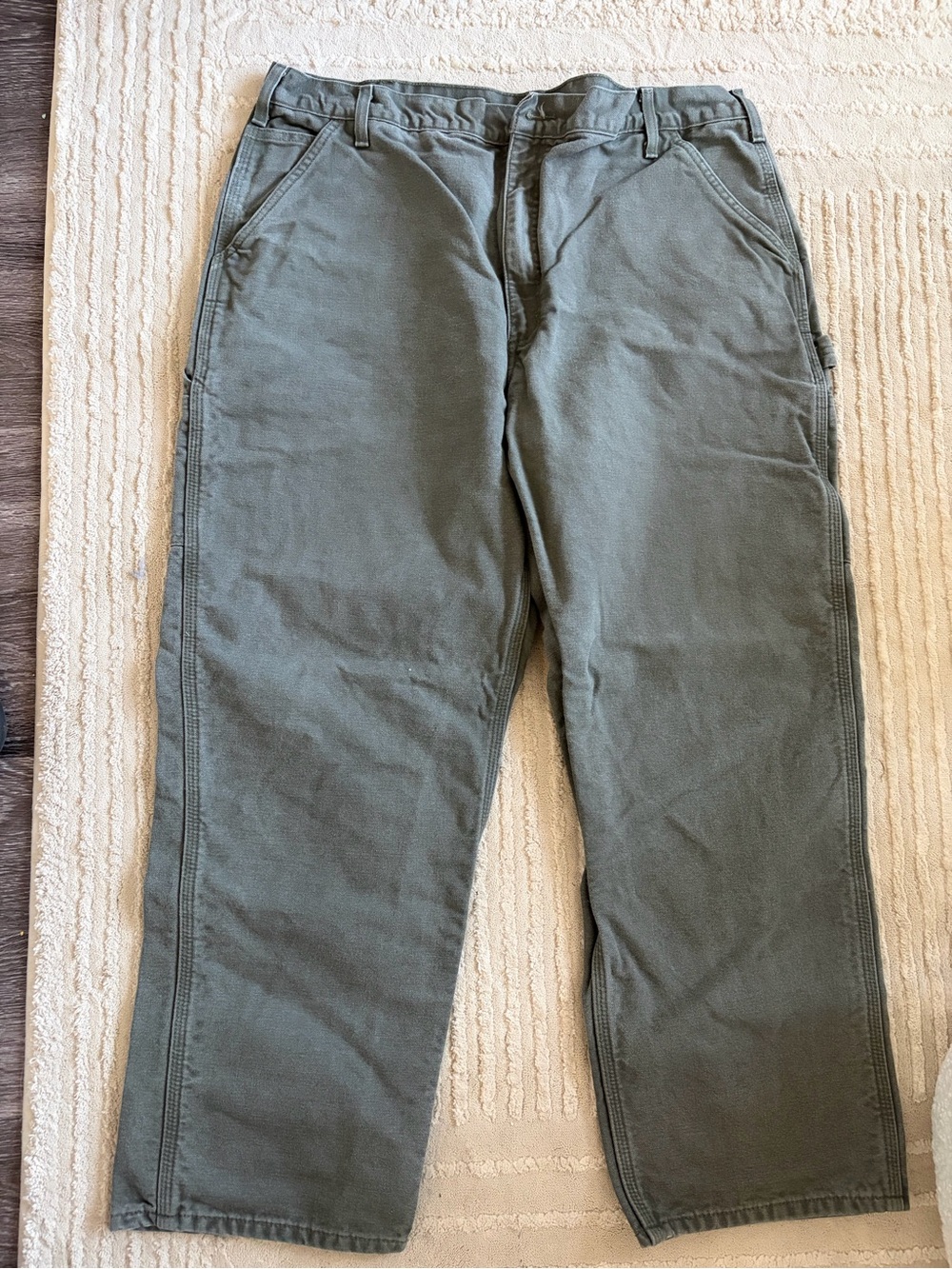 Carhartt Flannel Lined Carpenter Pants Mens 42x30 Moss Green Canvas Distressed